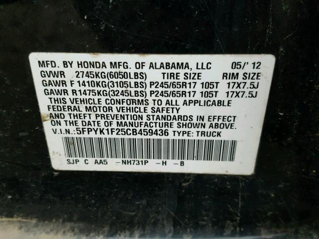 5FPYK1F25CB459436 - 2012 HONDA RIDGELINE BLACK photo 10