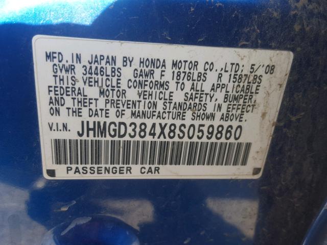 JHMGD384X8S059860 - 2008 HONDA FIT BLUE photo 10