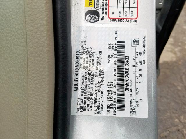 3FAHP0GA0CR135633 - 2012 FORD FUSION S SILVER photo 10