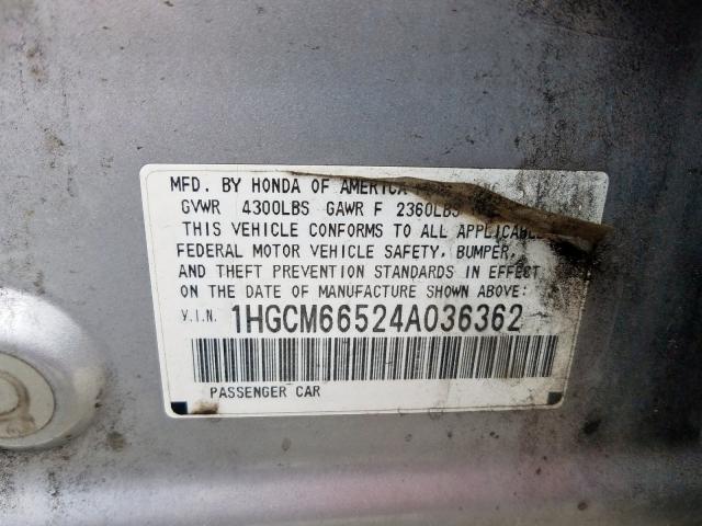 1HGCM66524A036362 - 2004 HONDA ACCORD EX SILVER photo 10