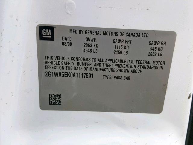 2G1WA5EK0A1117591 - 2010 CHEVROLET IMPALA LS WHITE photo 10