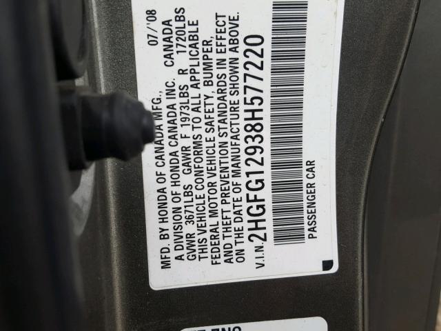 2HGFG12938H577220 - 2008 HONDA CIVIC EXL GRAY photo 10