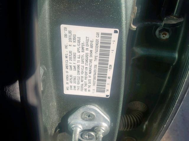 1HGCP36879A051334 - 2009 HONDA ACCORD EXL GREEN photo 10