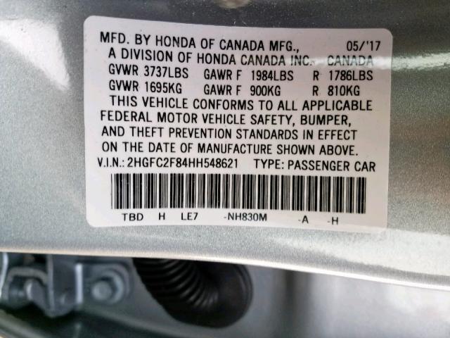 2HGFC2F84HH548621 - 2017 HONDA CIVIC EX GRAY photo 10