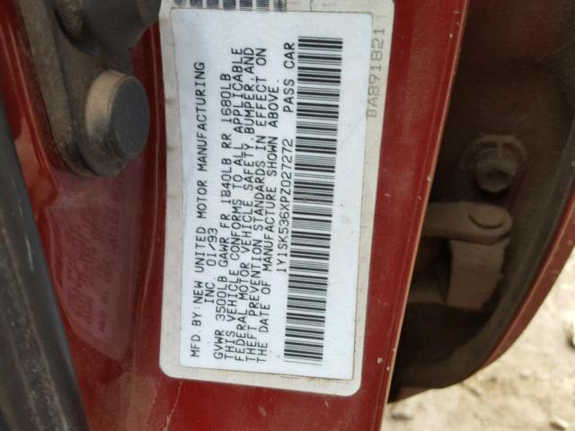 1Y1SK536XPZ027272 - 1993 GEO PRIZM BASE წითელი ფოტო 10