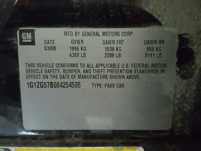 1G1ZG57B084254506 - 2008 CHEVROLET MALIBU LS შავი ფოტო 10