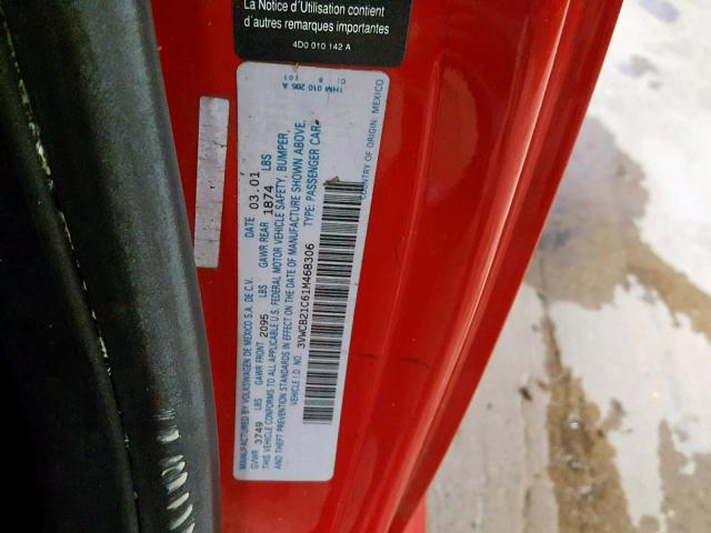 3VWCB21C61M468306 - 2001 VOLKSWAGEN NEW BEETLE 红色 照片 10