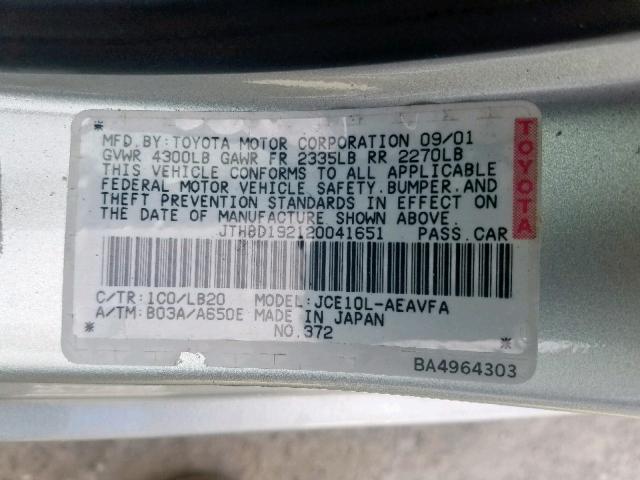 JTHBD192120041651 - 2002 LEXUS IS 300 SILVER photo 10