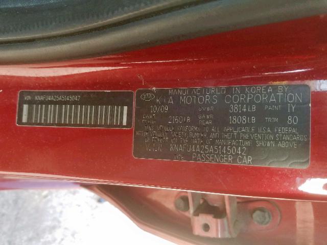 KNAFU4A25A5145042 - 2010 KIA FORTE EX RED photo 10