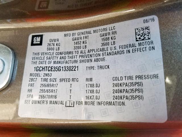 1GCHTCE35G1330221 - 2016 CHEVROLET COLORADO L GRAY photo 10