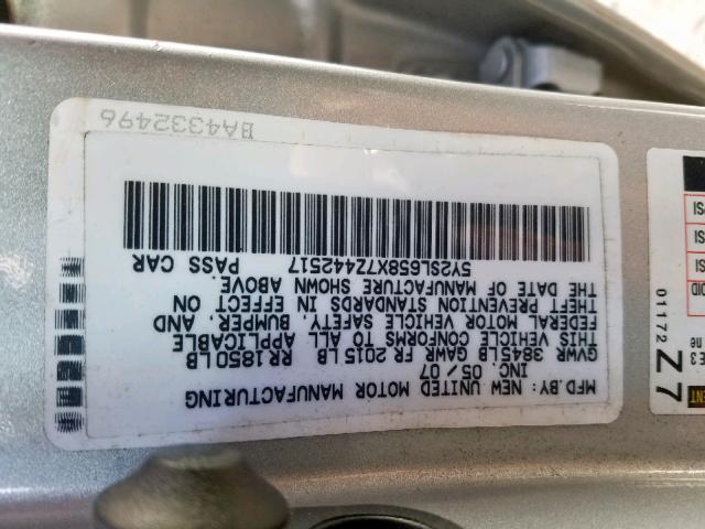 5Y2SL658X7Z442517 - 2007 PONTIAC VIBE SILVER photo 10