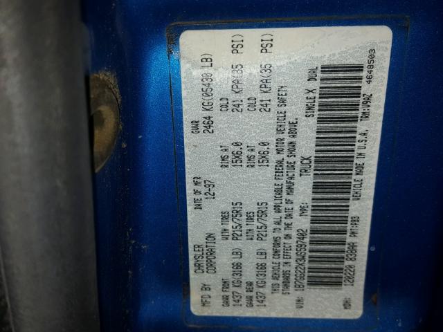 1B7GG22X3WS597402 - 1998 DODGE DAKOTA BLUE photo 10