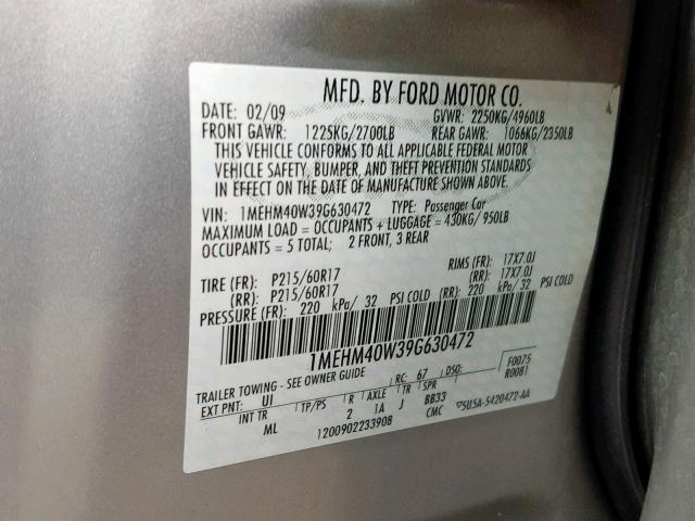 1MEHM40W39G630472 - 2009 MERCURY SABLE SILVER photo 10