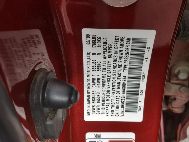 JHMZE2H76AS004984 - 2010 HONDA INSIGHT EX RED photo 10