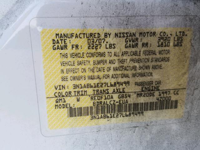 3N1AB61E27L689499 - 2007 NISSAN SENTRA 2.0 WHITE photo 10