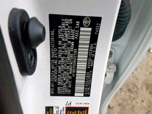 4T1BD1FKXHU221360 - 2017 TOYOTA CAMRY HYBR WHITE photo 10