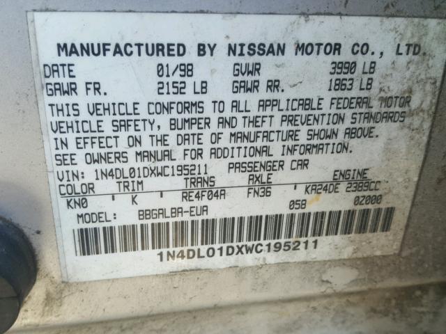 1N4DL01DXWC195211 - 1998 NISSAN ALTIMA XE SILVER photo 10