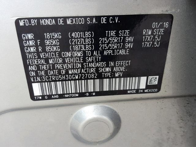 3CZRU5H30GM727082 - 2016 HONDA HR-V LX SILVER photo 10