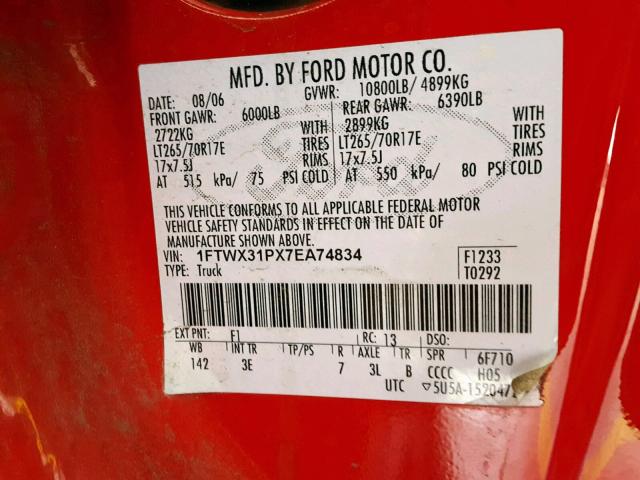 1FTWX31PX7EA74834 - 2007 FORD F350 SRW S RED photo 10