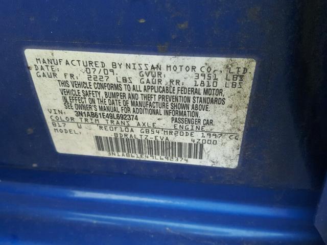 3N1AB61E49L692374 - 2009 NISSAN SENTRA 2.0 BLUE photo 10