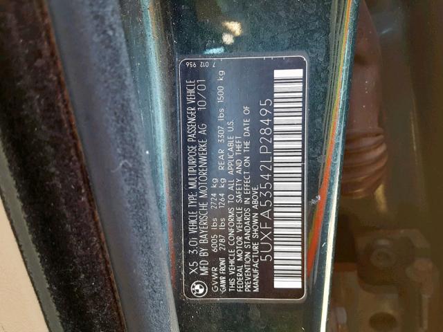 5UXFA53542LP28495 - 2002 BMW X5 3.0I GREEN photo 10