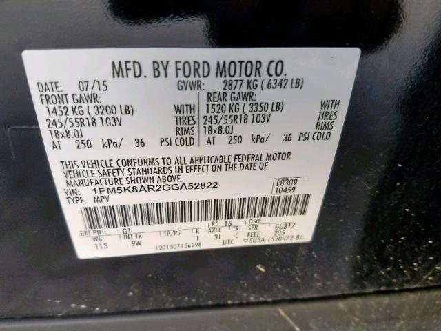 1FM5K8AR2GGA52822 - 2016 FORD EXPLORER P BLACK photo 10