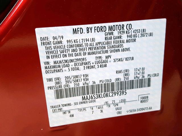 MAJ6S3KL0KC299395 - 2019 FORD ECOSPORT T RED photo 10