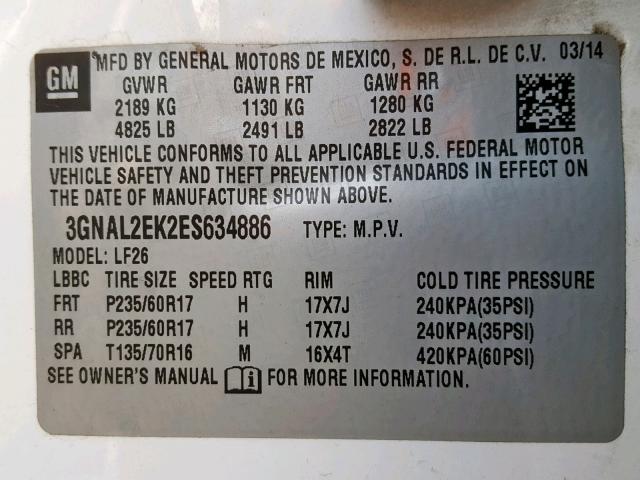 3GNAL2EK2ES634886 - 2014 CHEVROLET CAPTIVA LS 白色 照片 10