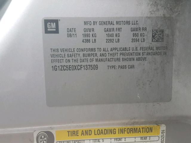 1G1ZC5E0XCF137509 - 2012 CHEVROLET MALIBU 1LT ვერცხლისფერი ფოტო 10