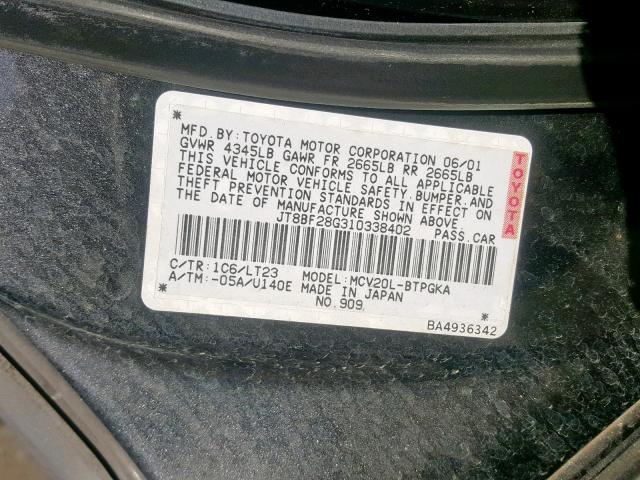 JT8BF28G310338402 - 2001 LEXUS ES 300 GRAY photo 10