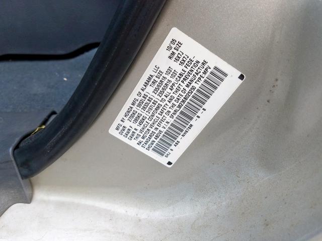 5FNRL38236B025250 - 2006 HONDA ODYSSEY LX SILVER photo 10