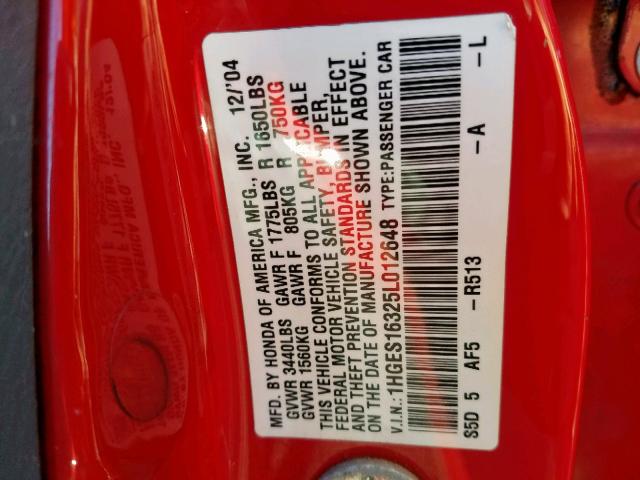 1HGES16325L012648 - 2005 HONDA CIVIC DX V RED photo 10