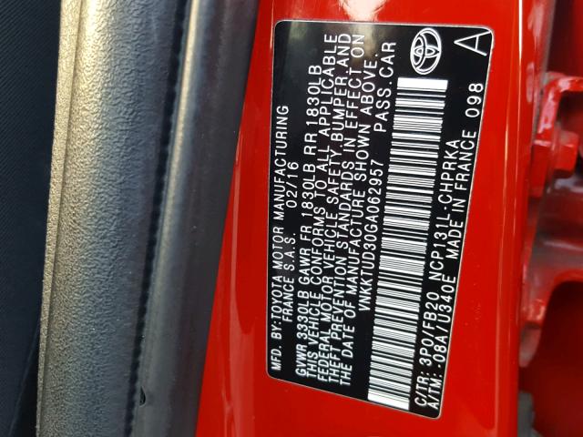 VNKKTUD30GA062957 - 2016 TOYOTA YARIS L RED photo 10