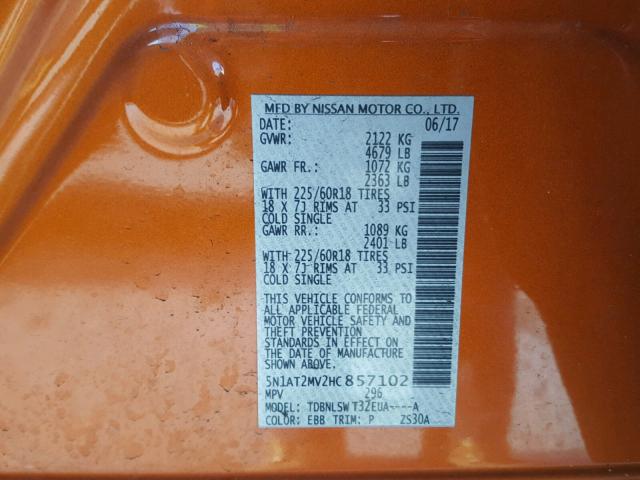 5N1AT2MV2HC857102 - 2017 NISSAN ROGUE SV ORANGE photo 10