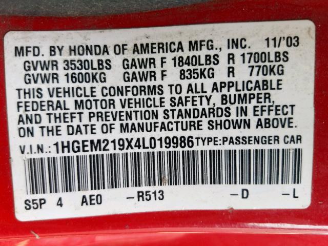 1HGEM219X4L019986 - 2004 HONDA CIVIC EX RED photo 10