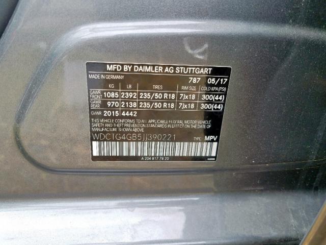 WDCTG4GB5JJ390221 - 2018 MERCEDES-BENZ GLA 250 4M GRAY photo 10