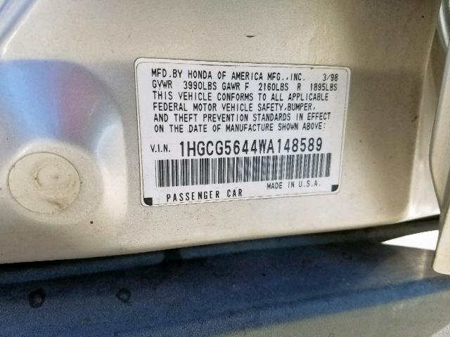 1HGCG5644WA148589 - 1998 HONDA ACCORD LX SILVER photo 10