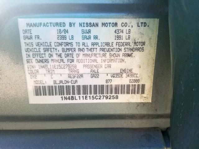 1N4BL11E15C279258 - 2005 NISSAN ALTIMA SE GREEN photo 10