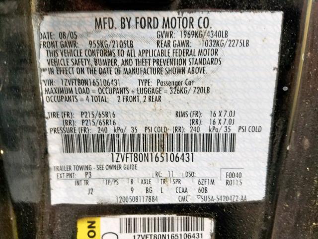 1ZVFT80N165106431 - 2006 FORD MUSTANG BLACK photo 10