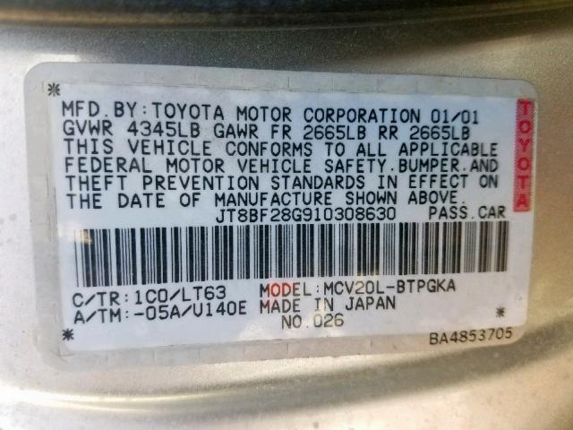 JT8BF28G910308630 - 2001 LEXUS ES 300 SILVER photo 10