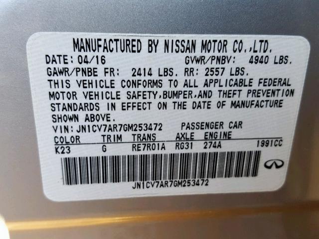 JN1CV7AR7GM253472 - 2016 INFINITI Q50 BASE SILVER photo 10