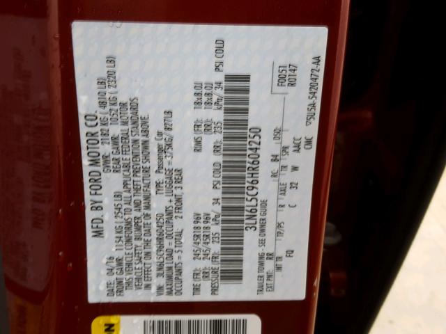 3LN6L5C96HR604250 - 2017 LINCOLN MKZ SELECT RED photo 10