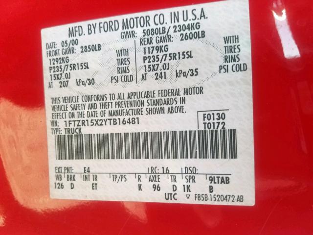 1FTZR15X2YTB16481 - 2000 FORD RANGER SUP RED photo 10
