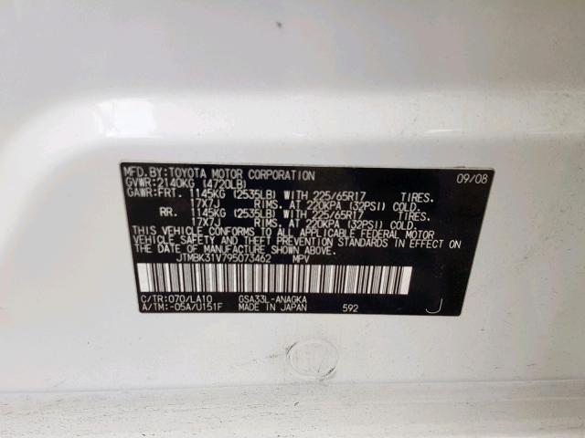 JTMBK31V795073462 - 2009 TOYOTA RAV4 LIMIT WHITE photo 10