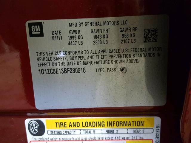 1G1ZC5E13BF280518 - 2011 CHEVROLET MALIBU 1LT MAROON photo 10