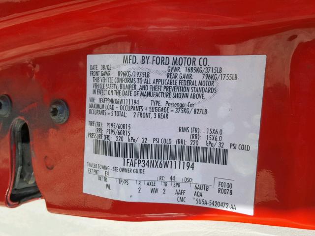 1FAFP34NX6W111194 - 2006 FORD FOCUS ZX4 RED photo 10