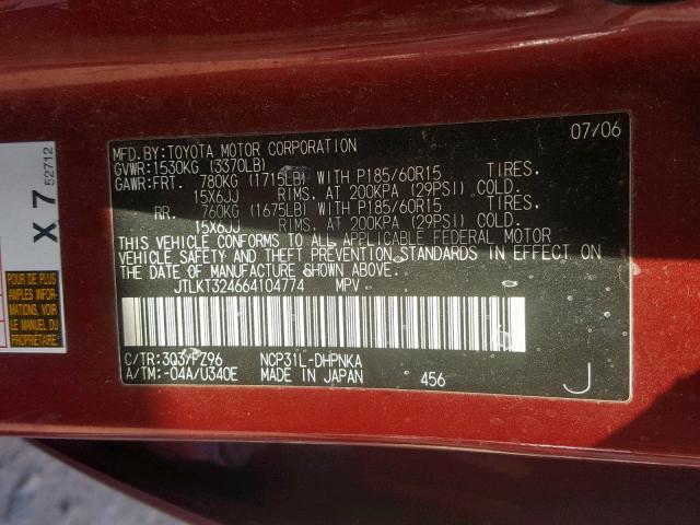 JTLKT324664104774 - 2006 TOYOTA SCION XB 栗色 照片 10