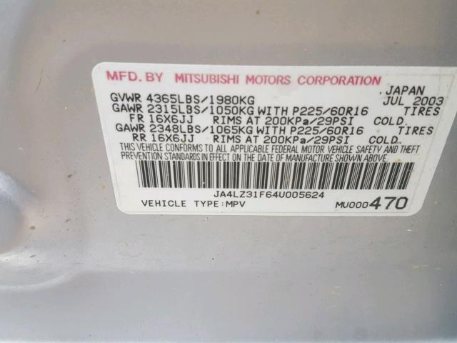 JA4LZ31F64U005624 - 2004 MITSUBISHI OUTLANDER SILVER photo 10