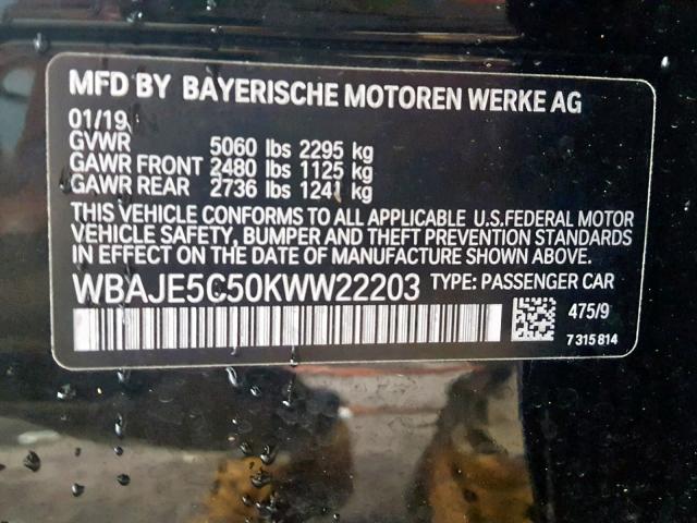 WBAJE5C50KWW22203 - 2019 BMW 540 I BLACK photo 10