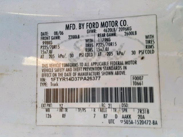 1FTYR14D37PA26377 - 2007 FORD RANGER SUP WHITE photo 10